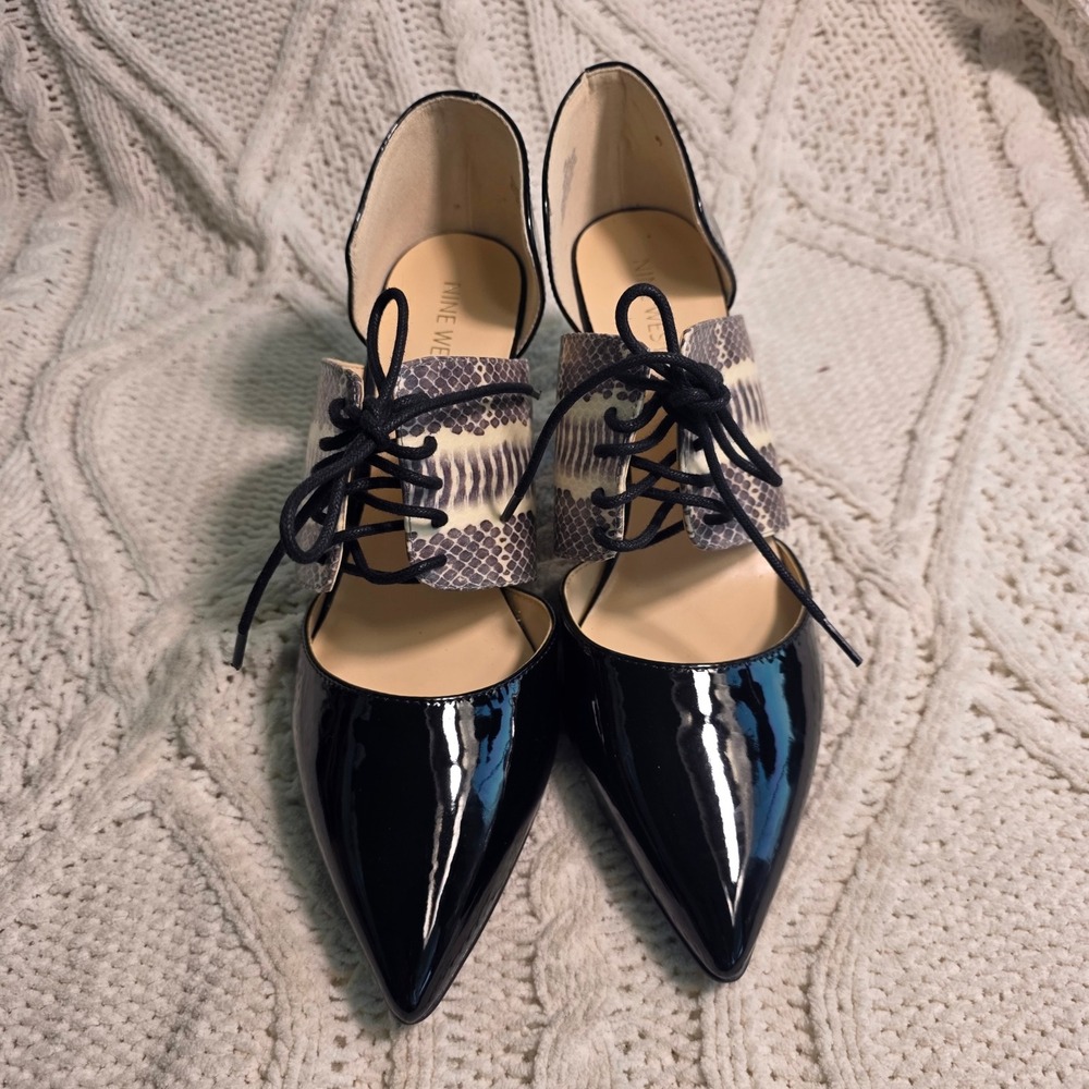 Nine West Marnieo Pumps Black Snakeskin Lace Up Stiletto Heels Womens 10 NEW - Picture 3 of 7